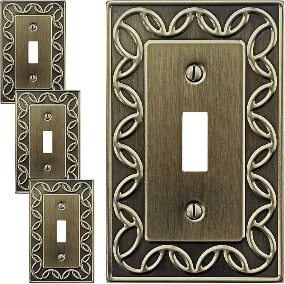 OKAWYC Single Toggle Light Switch Cover Plate, 4-Pack Antique Brass NovaBloom Metal Wall Plate 1 Gang, for Light Switch Cover, Switch Cover Decorative Wallplate, Durable
