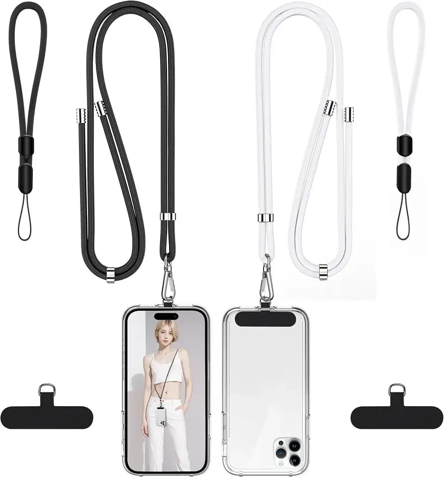 takyu Phone Lanyard, 2 Pack Adjustable CellPhone Lanyard Crossbody Neck Strap and 2 Pack Phone Wrist Strap with Tether Tabs for iPhone Android Smartphones White Black