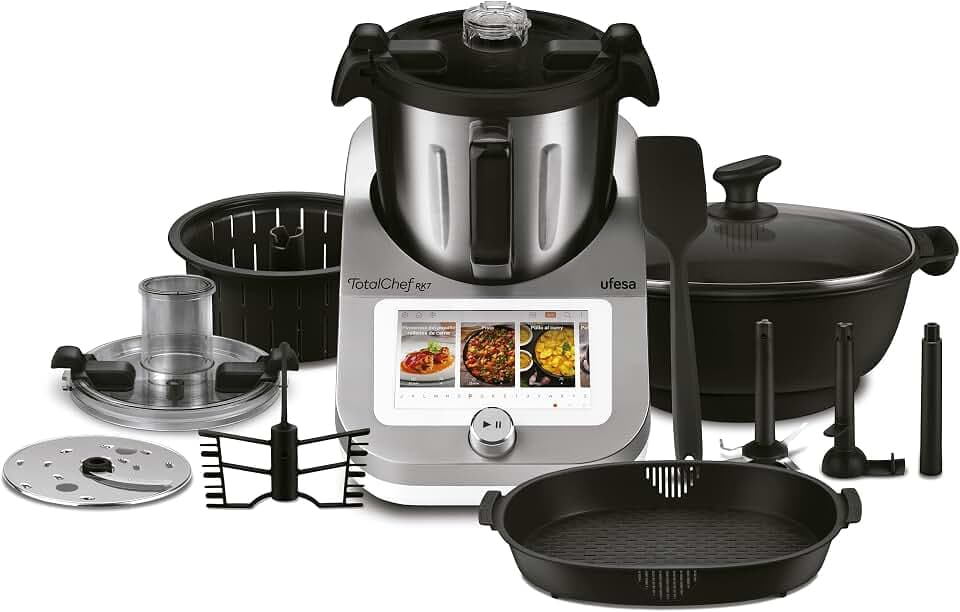 Ufesa TotalChef RK7 Küchenmaschine mit WLAN, Multifunktions Küchenroboter mit Kochfunktion, Kochroboter 30 Funktionen, 4.5L, 7-Zoll-Touchscreen, Interaktives Rezeptbuch, Amazon-Exklusiv,Silber / Weiss