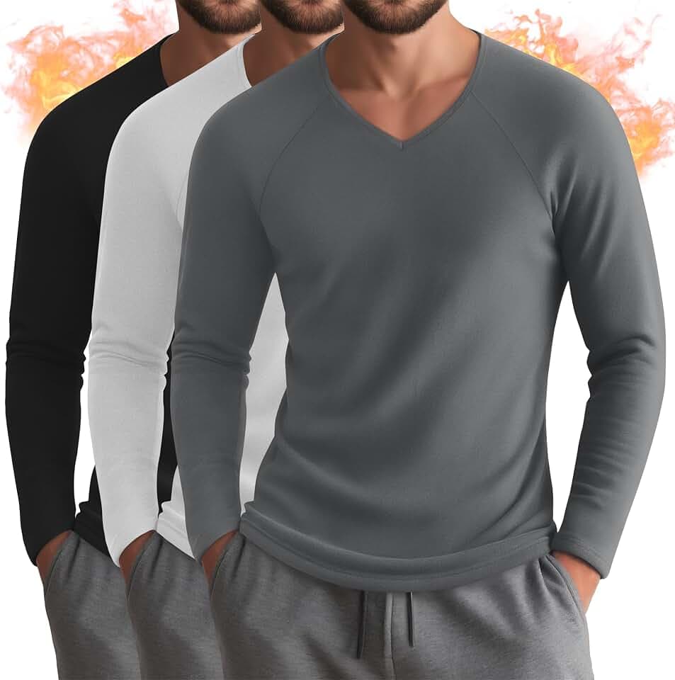 Riyiper 3 Pack Mens Long Sleeve Thermal Shirts Fleece Lined Tops