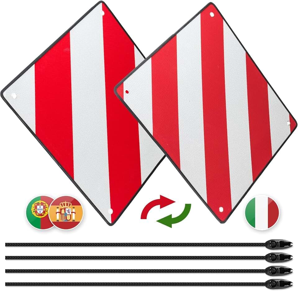 2 in 1 Reflex Warnschild Italien & Spanien, mit Befestigungsbändern & Ecken Schutz, Aluminium 50x50 cm, Kennzeichnung überstehender Last für Fahrradträger Heckträger