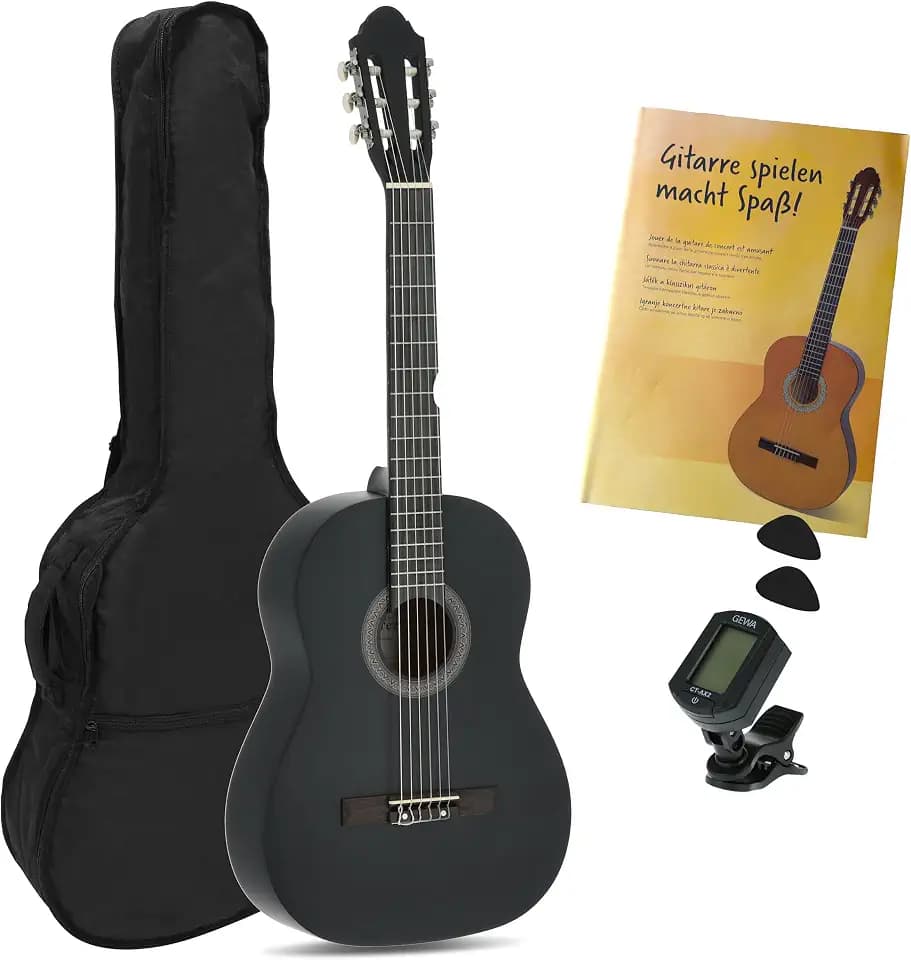 Konzertgitarre - klassische Gitarre - 4/4 schwarz - Starter Set - inkl. Tasche, Plektren, Buch, Stimmgerät