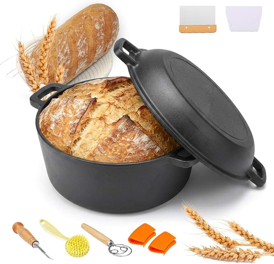 Gusseisen Dutch Oven Brotbacktopf Set 17-teilig 26cm|Vorgereizt & Sofort Einsatzbereit|Deckel als Pfanne & Schmortopf | Gärkorb Teigschaber Rezeptbuch | Induktion Gas Ofen für Brot, Steak & Schmoren