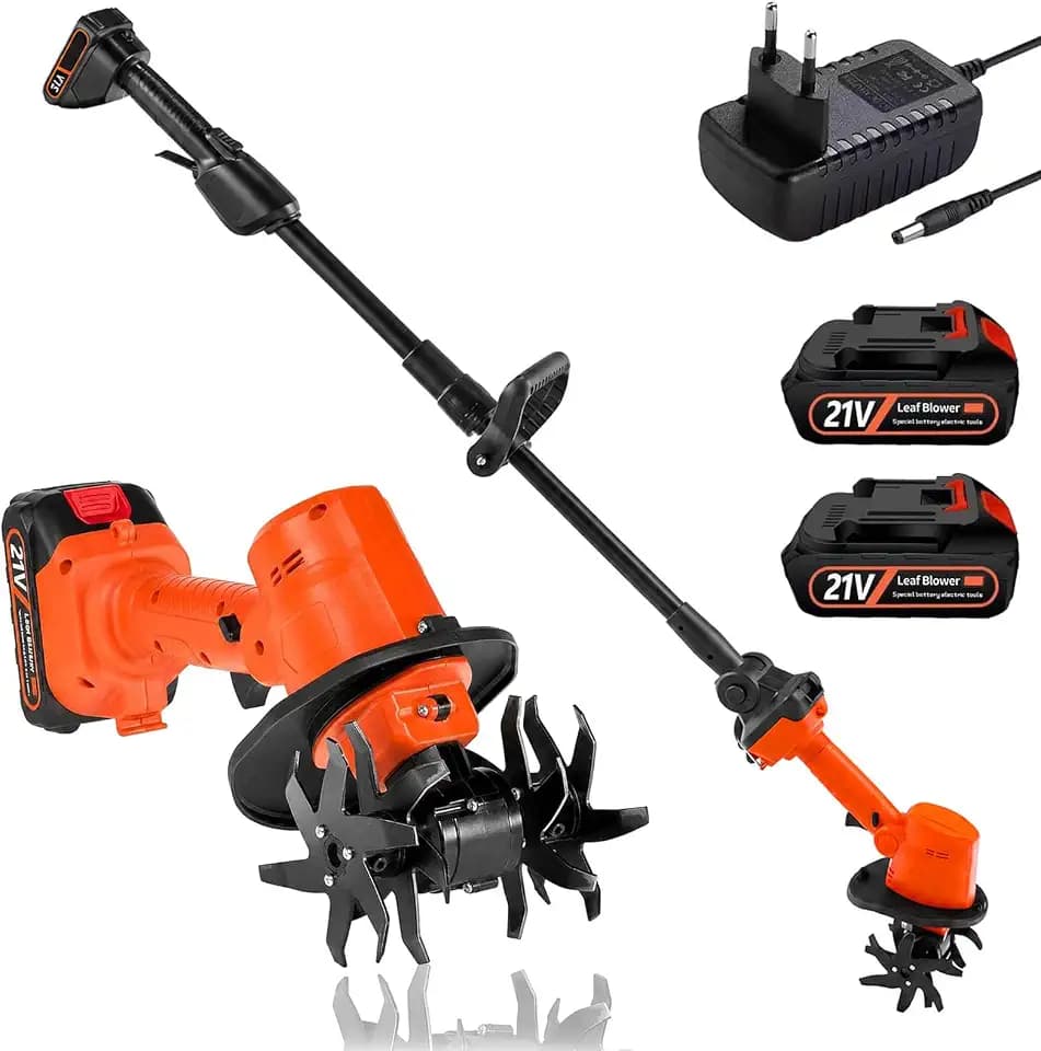 Akku Bodenhacke, 21V Gartenfräse Elektrisch mit 2 Akkus 3000mAh und 1,3M Handgriff Gartenhacke Garten Geräte mit 4 Metallmesser 10cm Arbeitsbreite 10cm Arbeitstiefe 235 U/min Drehzahl