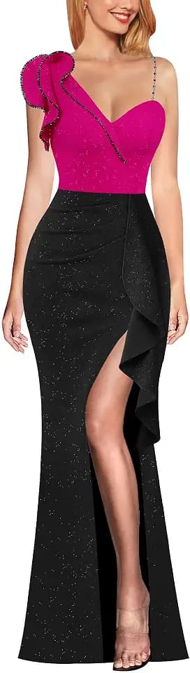 VFSHOW Womens Ruffle One Shoulder Wedding Formal Prom Evening Maxi Dress