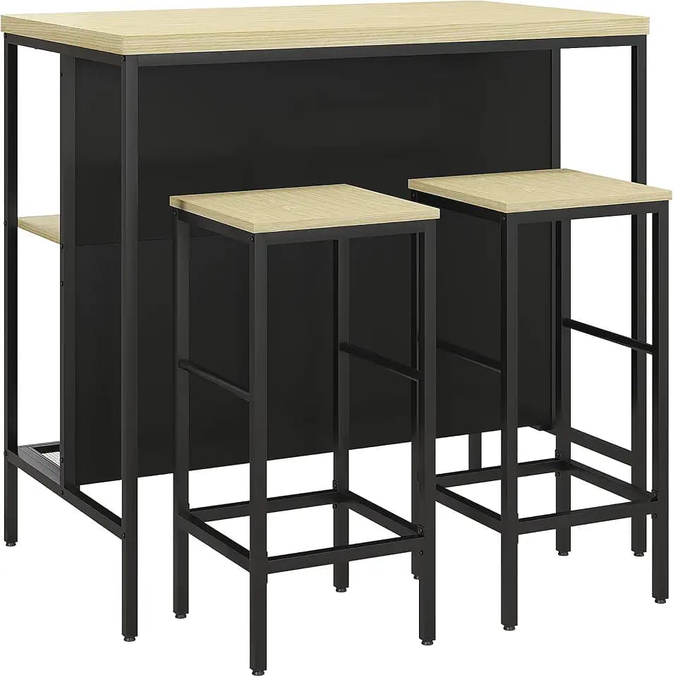 HOMCOM Bartisch und 2 Hocker, schwarzes Metall und Holzoptik