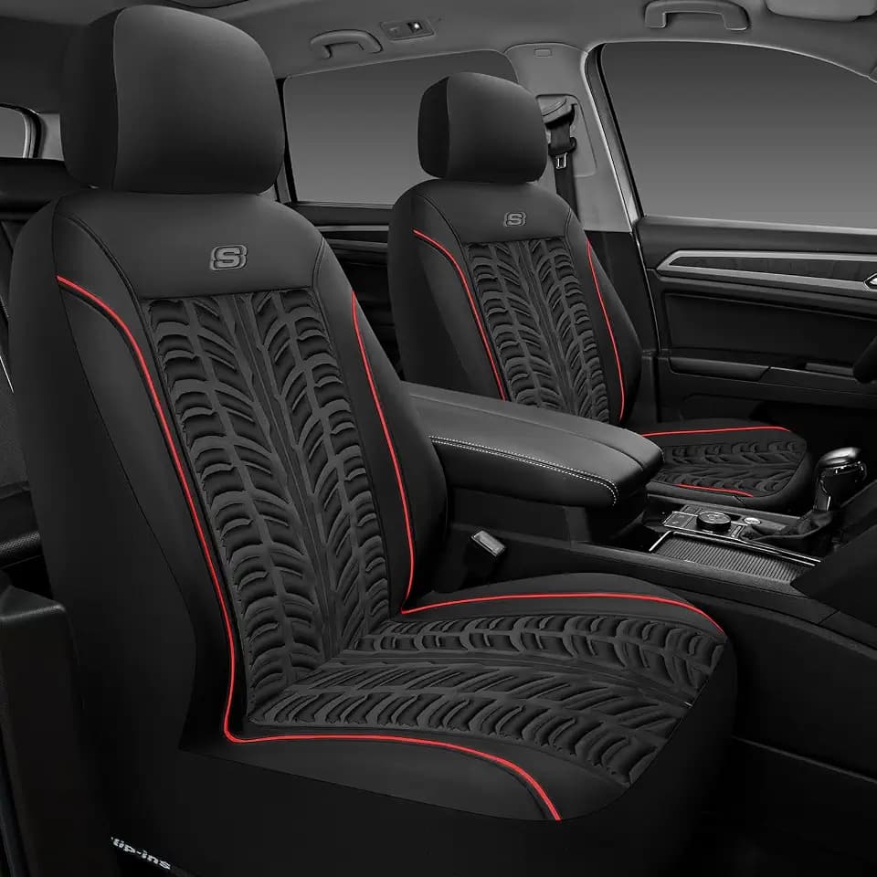 Skechers Slip-Ins Seat Covers, Memory Foam 3D Tyre Embossed Leather Car Seat Covers Front Seats Airbag Compatible, Universal Automotive Comfort for Most Cars, Vans, Trucks, SUV,Red