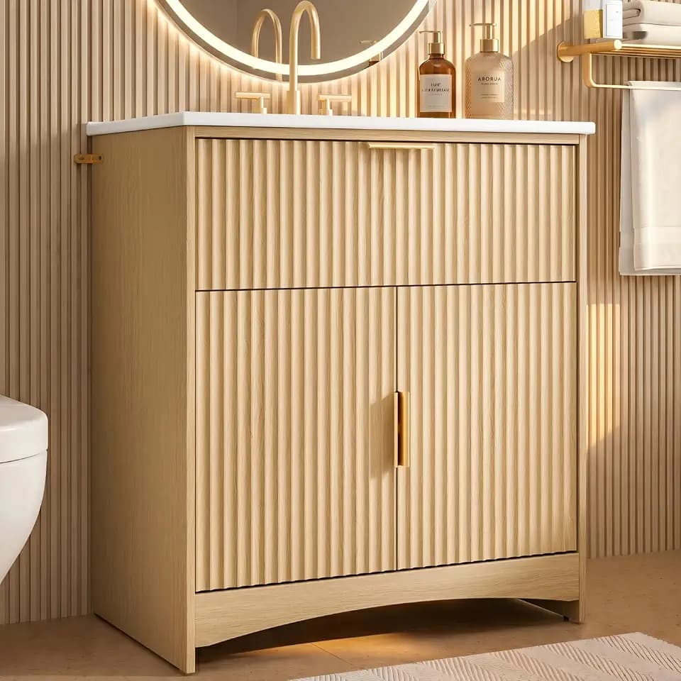 Marsail 30 Inch Bathroom Vanity with Sink, Wood Bathroom Vanities Modern Fluted Vanity Bathroom Cabinet with Drawer, Freestanding Ceramic Vanity Sinks for Bathrooms, Natural Oak