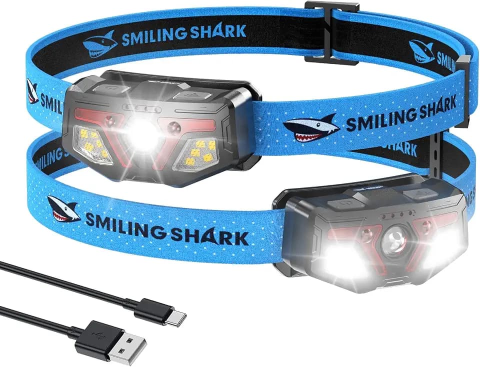 Smiling Shark ZL-105 Stirnlampe, Wiederaufladbare LED-Kopflampe Mit Bewegungssensor 6 Leuchtmodi Spot & Flutlicht, Superhell Weiss & Rotlichtl Headlamp Für Camping Wandern Laufen Angeln (2 Pack)