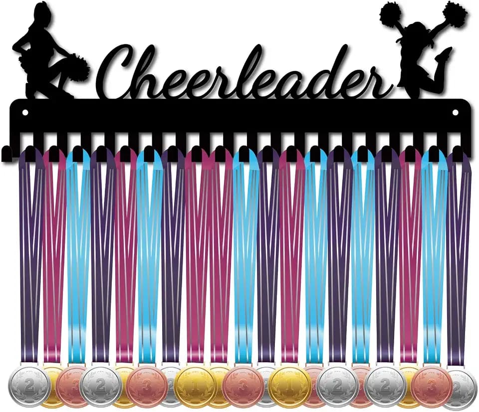 CREATCABIN Cheerleader Medal Holder Display Hanger Rack Sports Metal Wall Mount with 20 Hooks Hang Over 60 Medals Runners Home Badge Running Marathon Gymnastics Black 15.7 x 5.4inch