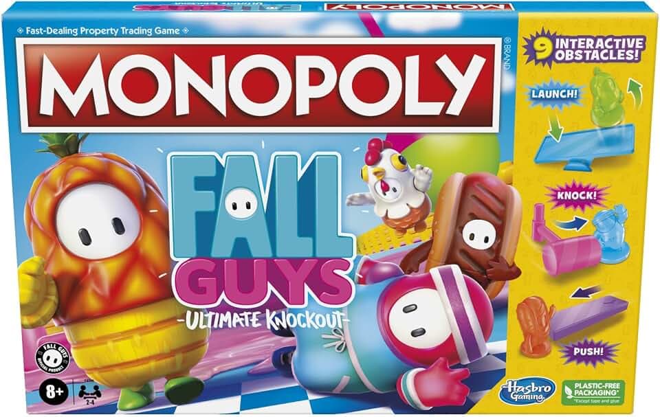 MONOPOLY Fall Guys Ultimate Knockout Edition Brettspiel für Spieler ab 8 Jahren, Dodge Interaktive Hindernisse, inklusive Knockout-Stanzform
