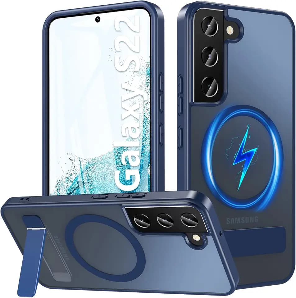 OWKEY for Samsung Galaxy S22 Case 6.1" Built-in Invisible Kickstand Compatible with MagSafe, Magnetic Shockproof Translucent Matte Slim Bumper Cover for Samsung Galaxy S22 Phone Case, Blue