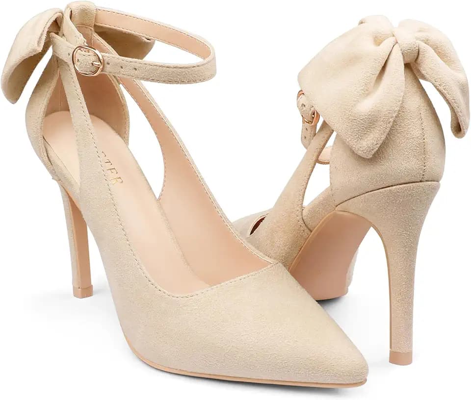 COLETER Womens Back Bow D'Orsay Pumps Pointed Toe Ankle Strap Wedding Heels