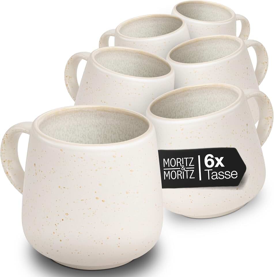 Moritz & Moritz Steingut Tassen Set 6 Personen Creme - Mikrowellen- & Spülmaschinenfest - Steingut Kaffeetassen - Tassen mit Henkel für Kaffee, Tee, heiße Schokolade, Cappuccino - Serie Solid Uni