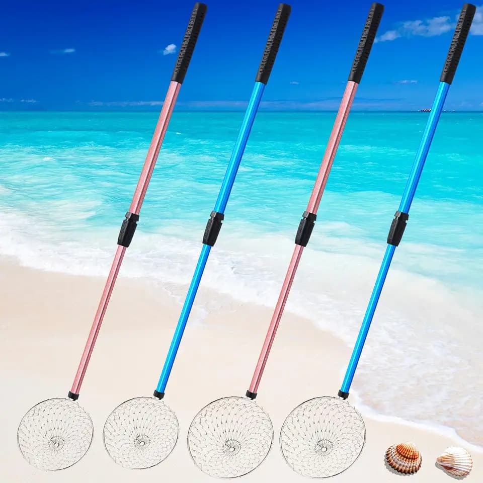 Roshtia 4 Pcs Beach Sand Sifter Set, Adjustable Long Handle Shell Scoop, Shark Tooth Sifter Mesh Shovel for Family Seashell Collecting, Sea Glass Hunting and Beach Treasure Fun