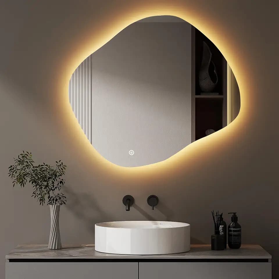 Spiegel mit Beleuchtung Asymmetrischer LED Badspiegel 74 x 64 cm mit Touch-Schalter, Dimmbar 3 Lichtfarbe Einstellbare, Badezimmerspiegel Beleuchtung