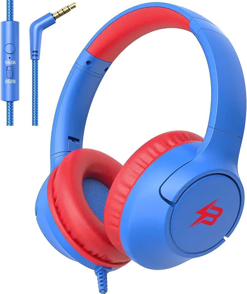 Wired Headphones for Kids for School, 3.5mm Cord Safe Volume Limit, Blue