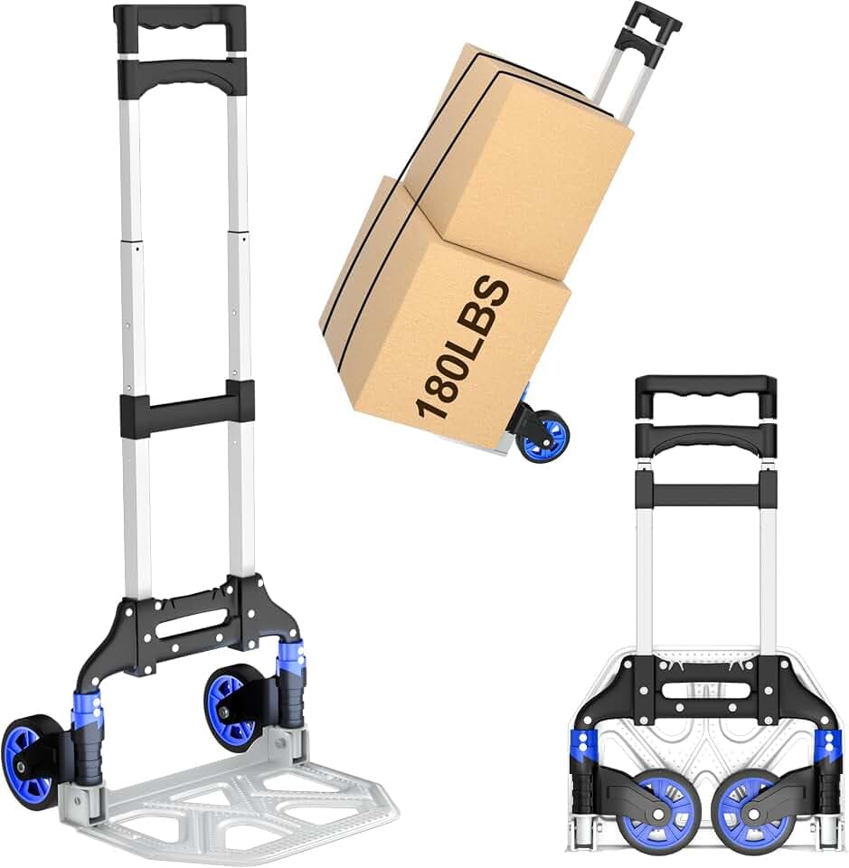 DIAMONDFORGE Folding Hand Truck, 180lbs Lightweight Foldable Dolly Cart with Wheels and Telescopic Handle, Portable Folding Dolly with Rubber Wheels for Moving Groceries, Home, Auto, Black Blue