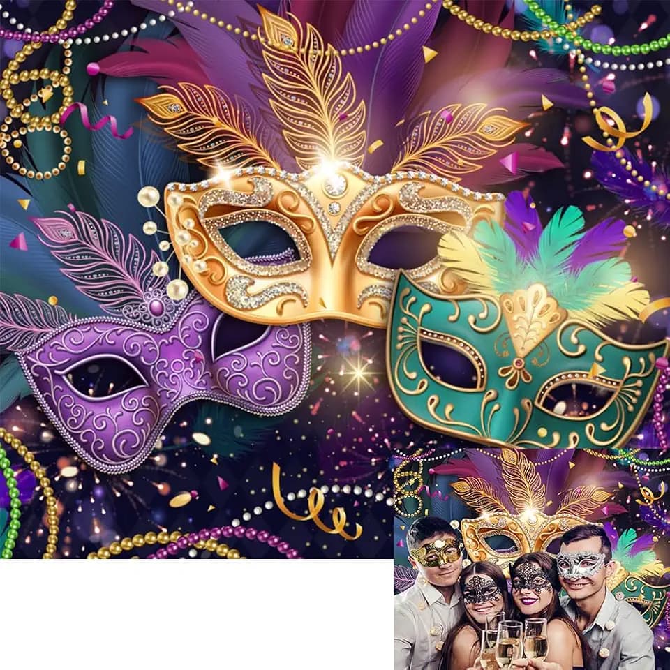 Masquerade Backdrop 10x8ft Mardi Gras Carnival Mask Gold Glitter Beads Photography Background Dress-Up Prom Party Banner Decorations Supplies Photo Studio Props