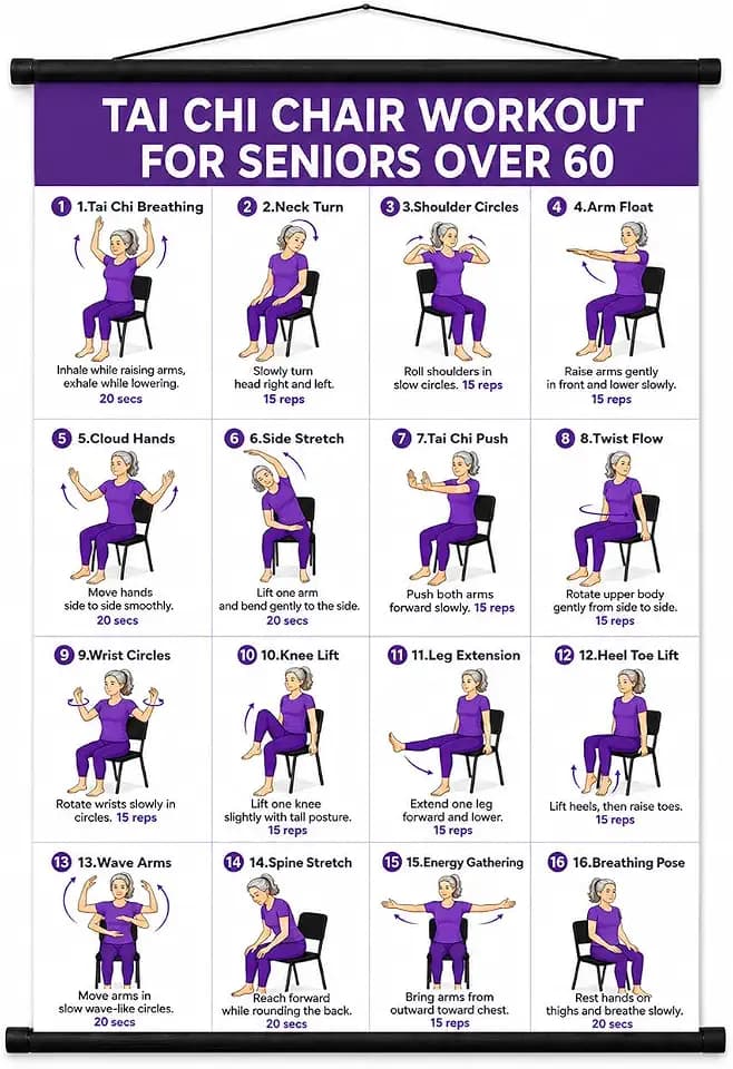 Tvisenva Tai Chi Chair Workout Chart for Seniors - Chair Tai Chi Exercise Poster for Beginners - 16 Seated Tai Chi Movements for Balance, Flexibility, Mobility and Relaxation - 16 x 24 Inch Wall Art