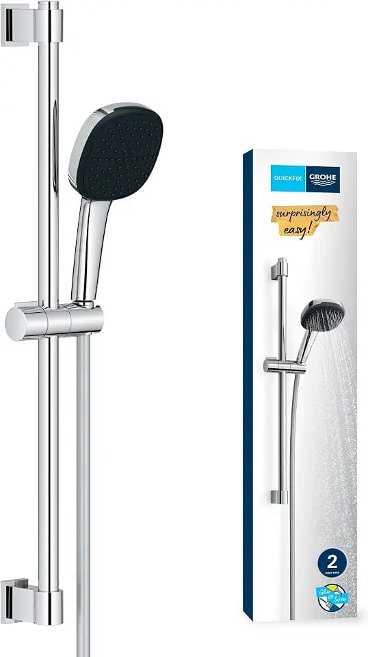 GROHE Vitalio 110, Duschset, 14l pro Min (Duschstangenset mit: Duschkopf 2 Strahlarten, 1,75m Schlauch, Duschstange 60cm, zum Kleben oder Bohren, ohne Kleber), eckig, chrom, 26928001