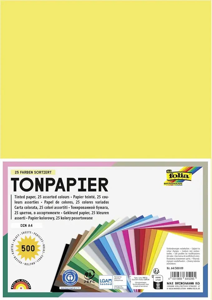 folia 64/500 09 - Tonpapier Mix, DIN A4, 130 g/m², 500 Blatt sortiert in 25 Farben, zum Basteln und kreativen Gestalten von Karten, Fensterbildern und für Scrapbooking