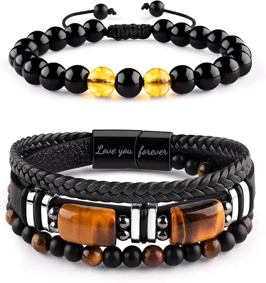 Mens Leather Tiger Eye Bracelet Natural Black Obsidian Crystal Stone Beads Protection Bracelet Set Stainless Steel Engraved Love You Forever Jewelry for Men