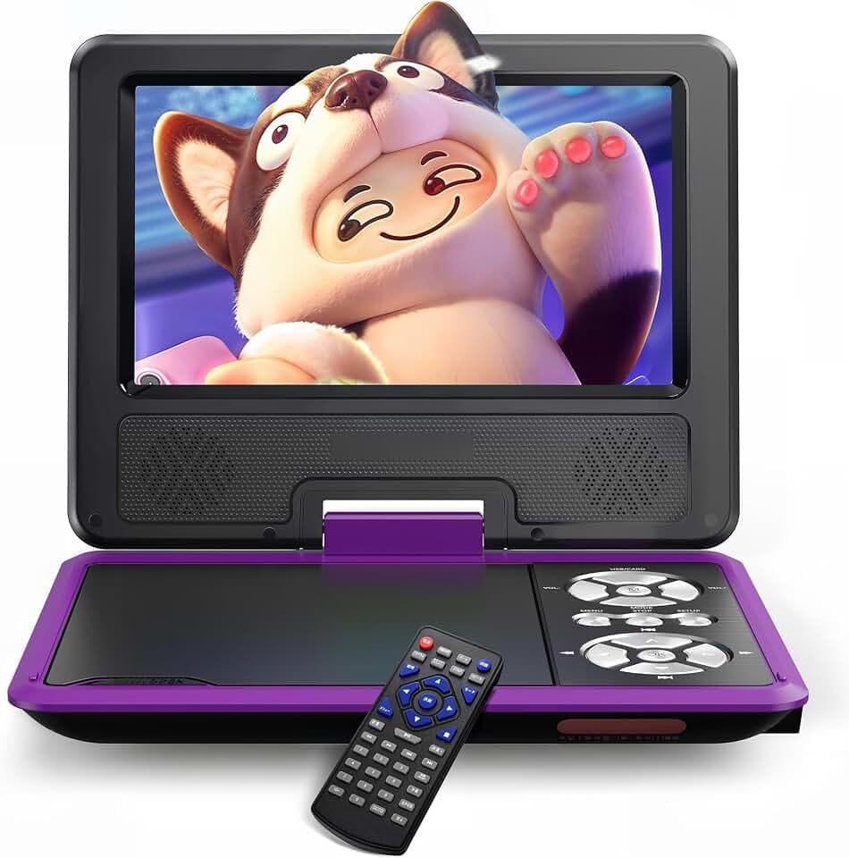 WOLFANG 9,5 Zoll Aufladbarer Tragbarer DVD-Player für Kinder im Auto, 7,5 Zoll HD Drehbildschirm, 6 Stunden Spielzeit, Sync TV/USB/SD, Keine Blu-ray-Unterstützung (Lila)