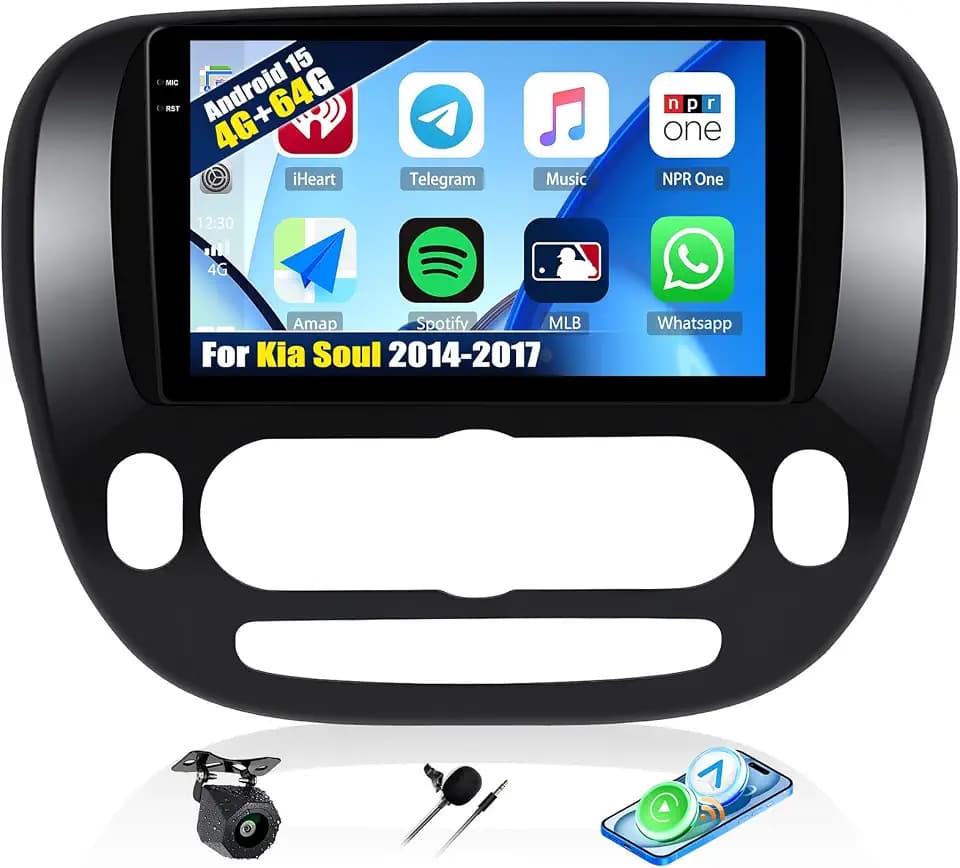 4+64G Android 15 Car Stereo for Kia Soul 2014-2017 with Wireless Carplay Android Auto, 9 inch 1280 * 720P IPS Touchscreen Bluetooth-5.0,32-EQ DSP Car Radio Support GPS WiFi FM/RDS AHD Rear Camera SWC
