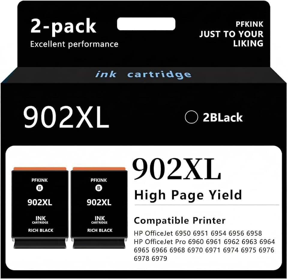 902XL Black Ink Cartridges for HP Printers, 2 Pack Replacement for HP 902 Ink Cartridges, Compatible with OfficeJet Pro 6978 6968 6970 6974 6975 6960 and OfficeJet 6962 6958 6950 6954 6951