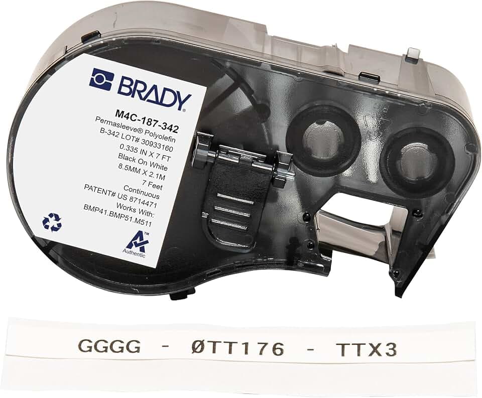 Brady Wärmeschrumpfendes Polyolefin-Etikettenband für Etikettendrucker BMP41/BMP51/BMP53/M511 - Klebeetiketten - Schwarz auf Weiß (8,51 mm (H) x 2,13 m (L)) - M4C-187-342