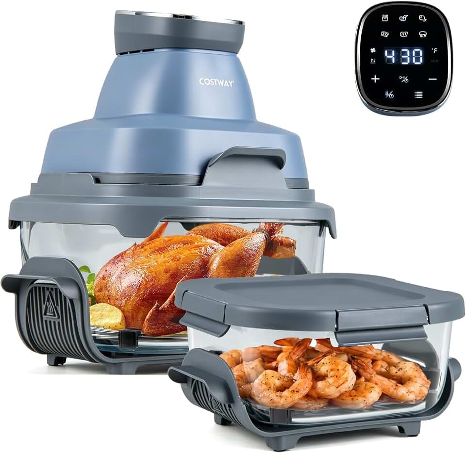 FANTASK 6-in-1 Tragbare Heißluftfritteuse, 1500W Air Fryer Heißluftfrittieren & Backen mit 2 Herausnehmbare Glasbehälter & Deckel, Airfryer für Camping, Zuhause (Blau)