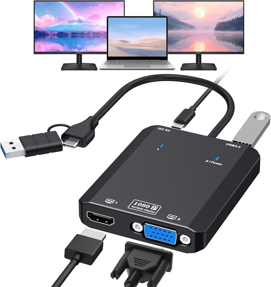 VIXLW HDMI Splitter Extended Display for Dual Monitor, 1080p@60Hz USB A or USB-C to HDMI Vga Adapter for Extended Display of Laptop Monitor Desktop TV, Mac OS Windows Android