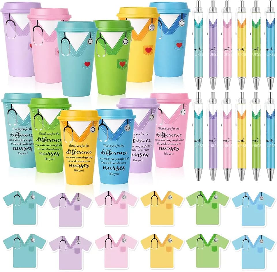 Skylety CNA Week Gifts Bulk National Nursing Assistant Week, 16oz Nurse Appreciation Coffee Cups with Lid Medical Sticky Notes Ballpoint Pens Thank You Gifts for Graduation Student(36 Pcs,Cute)