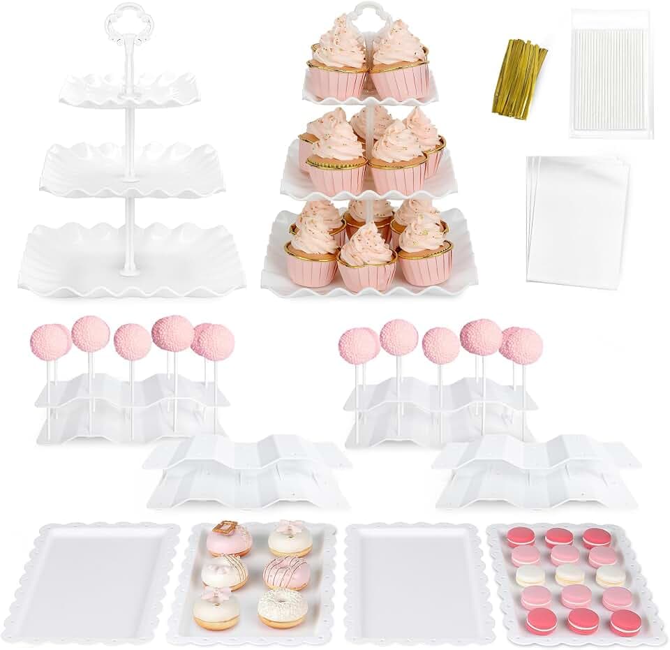 NWK Pack of 11 Cake Stand Set of Cupcake Stand, Tray & Cake Pop Stands