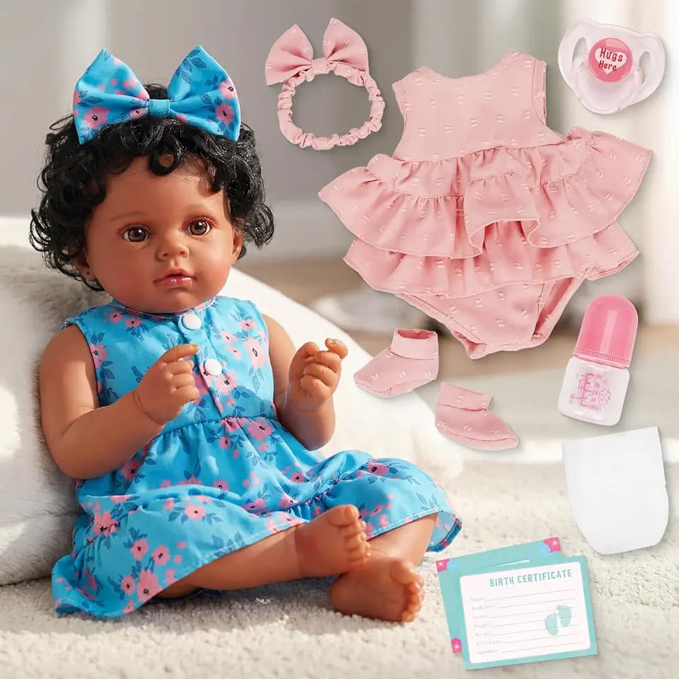 Schwarze Reborn Baby Puppe 45cm mit Zwei Outfits, Realistische Babypuppe