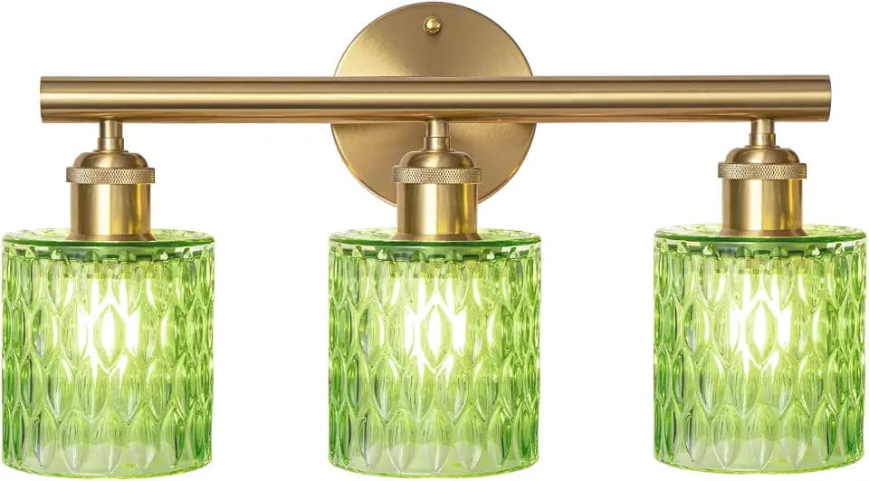 Bathroom Vanity Light, Gold Wall Fixture Over Mirror, Green Glass Shade Lighting with Bulbs Included for Bedroom & Living Room,3-Lights