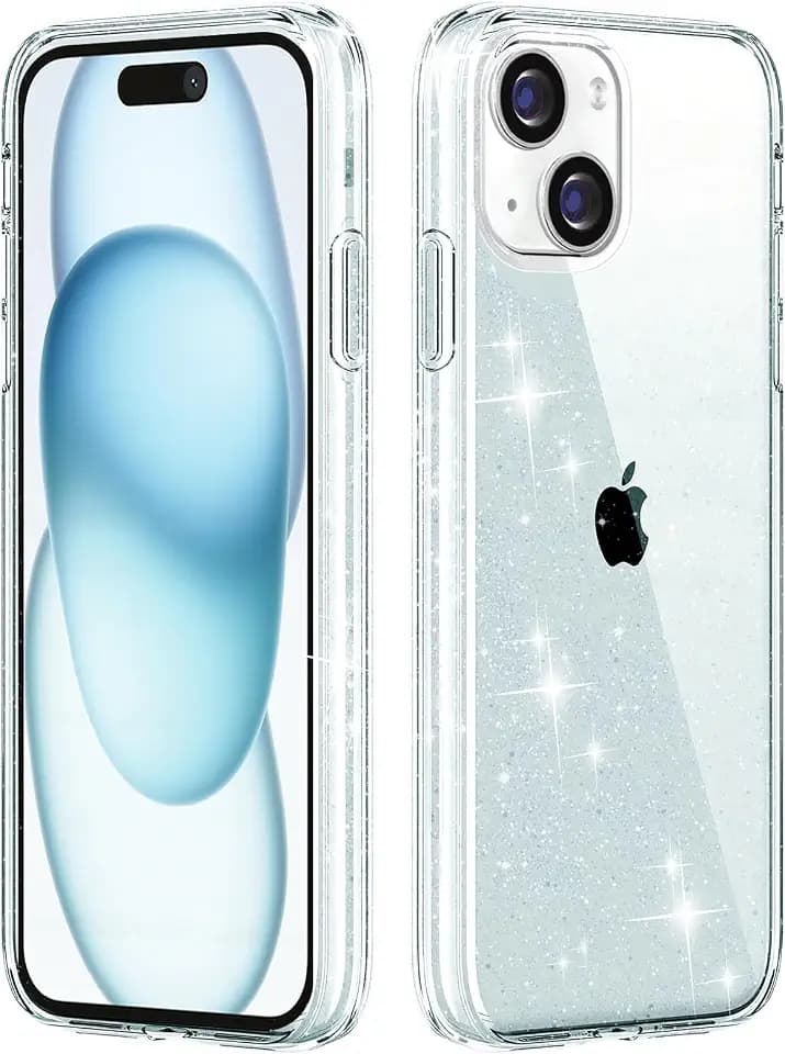 FanTEK Compatible with iPhone 15 Plus Case, Luxury Bling Glitter Sparkly Protective Bumper Hard Shell Shockproof Crystal Cover for Women Girl, Glitter Clear