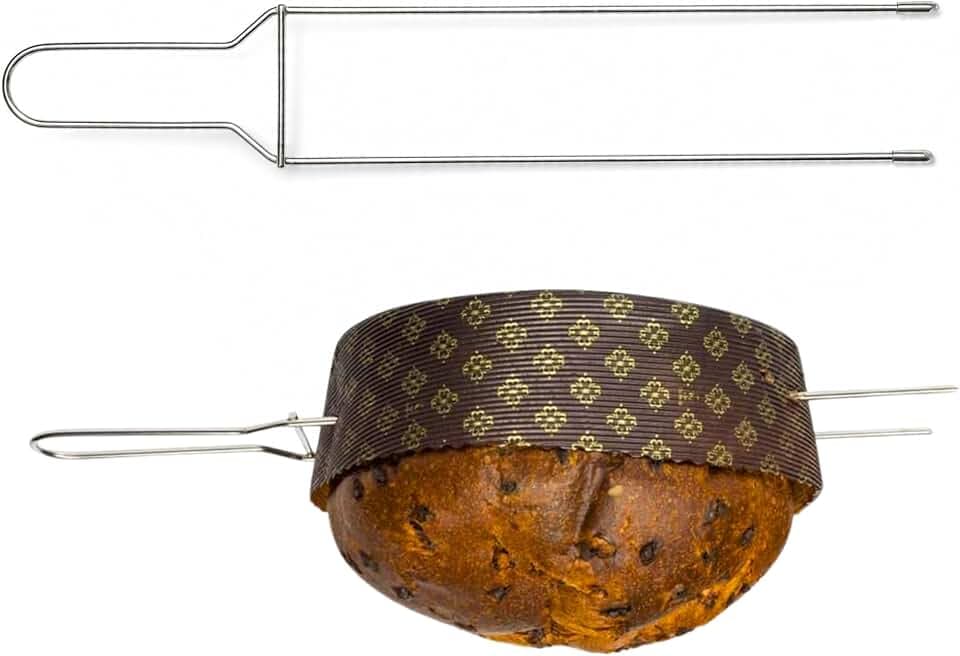 Spieß für Panettone und andere Hefeteige bis zu 1 kg (Länge 40 cm), aus Edelstahl, Einfach zu verwenden, Gabel für Panettone und Colomba mit Sicherheitskappen