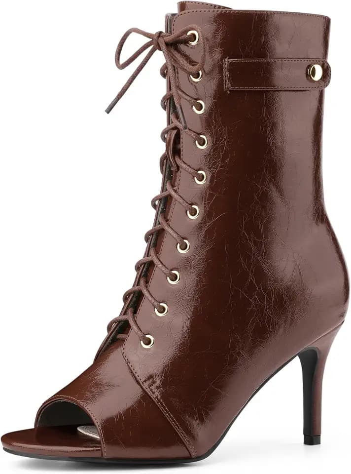 Allegra K Women Faux Leather Lace Up Peep Toe Stiletto Heel Ankle Boots