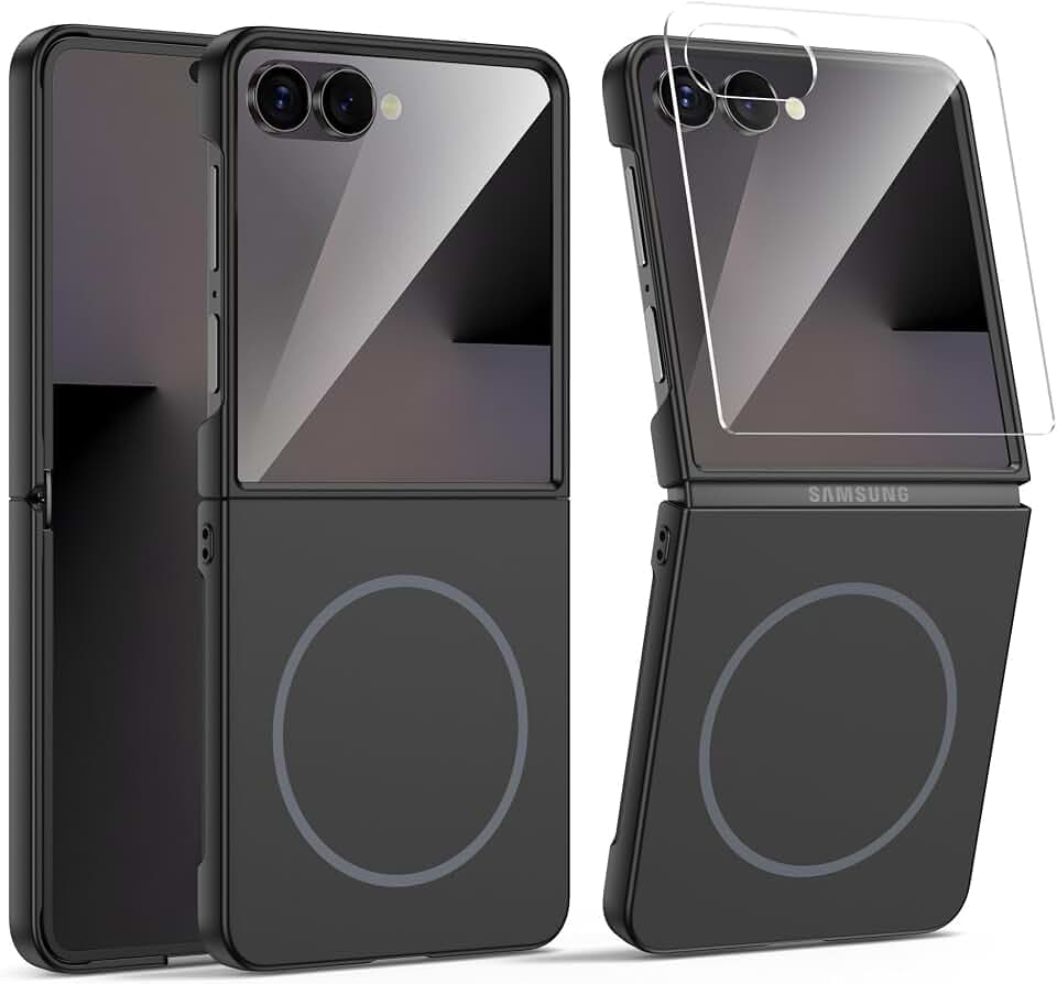 MAKAVO Magnetic for Samsung Galaxy Z Flip 7 Case, Compatible with MagSafe, Built-in Screen Protector, Flip7 Slim Hard Shockproof Phone Cover, Black