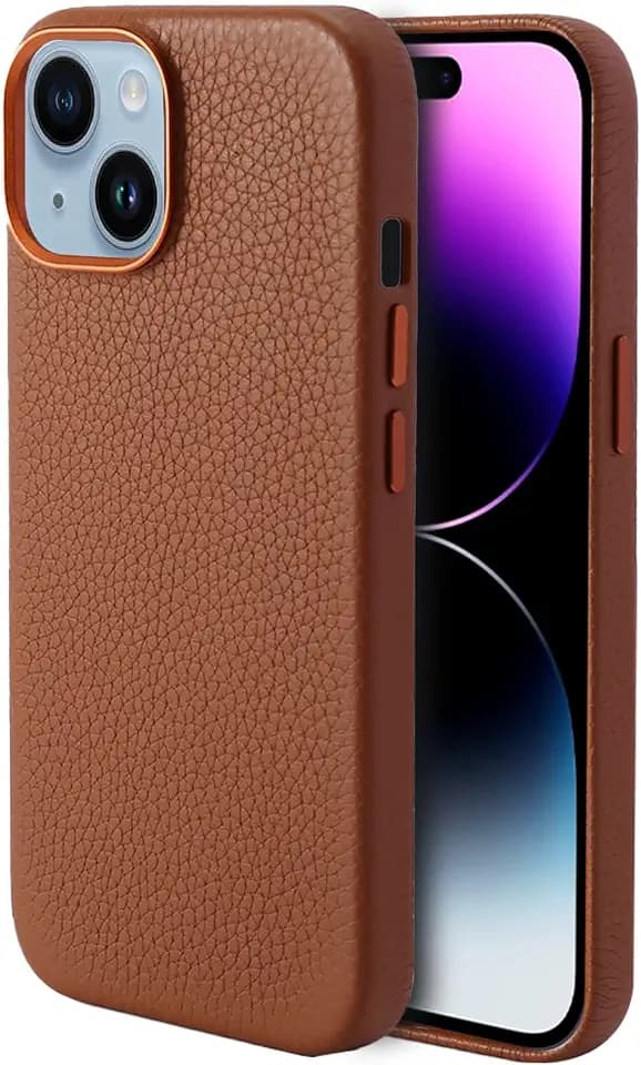 Synchro Naturleder-Schutzhülle für iPhone 15 mit starken Kompatibel mit MagSafe-Magneten, genarbte Lederhülle für iPhone 15 6,1 Zoll - Braun