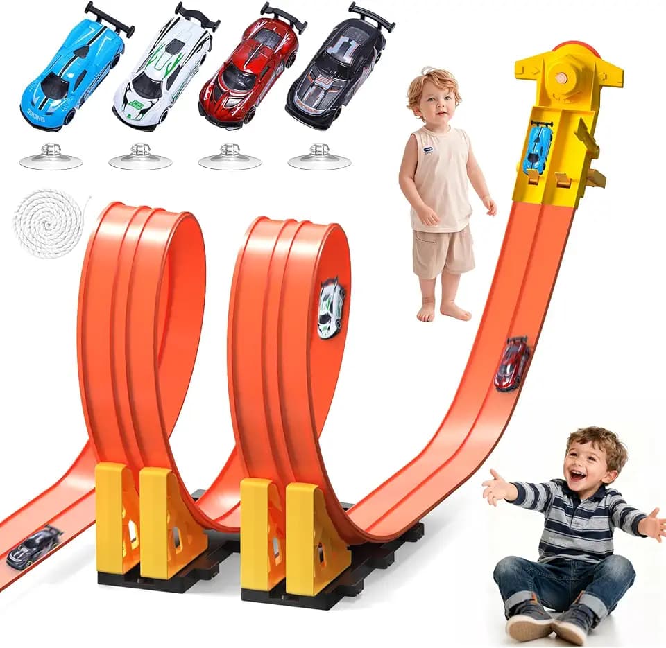 Flex Race Track 16 Ft with Start Gate Accessories Compatible with Diecast 1/64th Cars, Flexible Car Track Toys for Ages 3+ Kids Toddlers Roll Out Portable Racetrack (Orange)