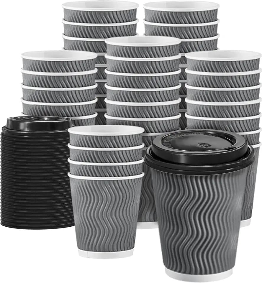 Clawsoff 100 Pack 10 oz Disposable Insulated Coffee Cups with Lids Gray