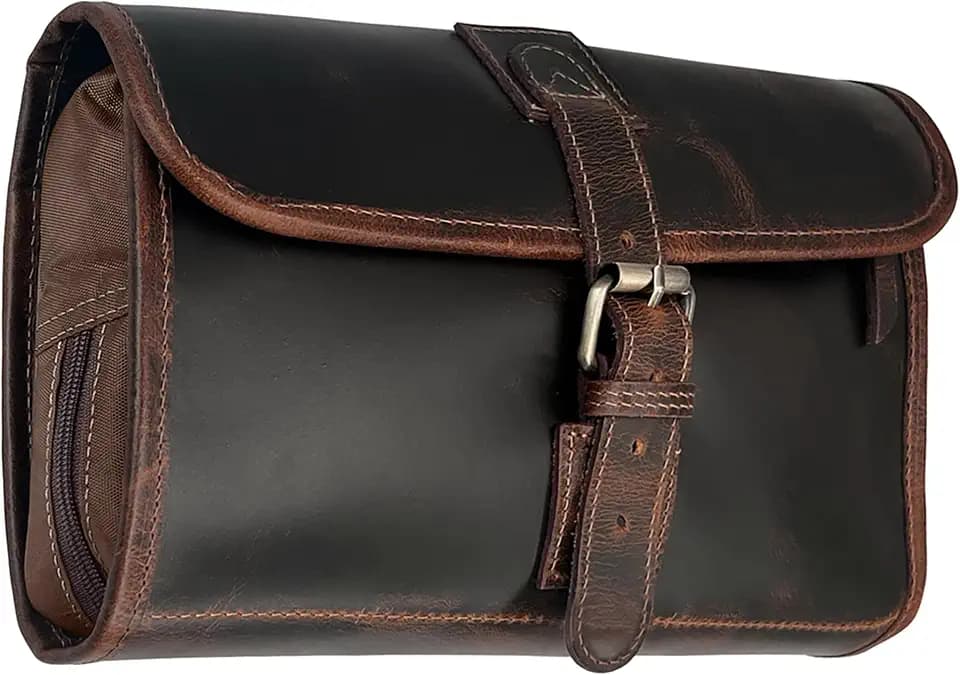 Leather Hanging Toiletry Bag for Men, Travel Shaving Dopp Kit Organizer