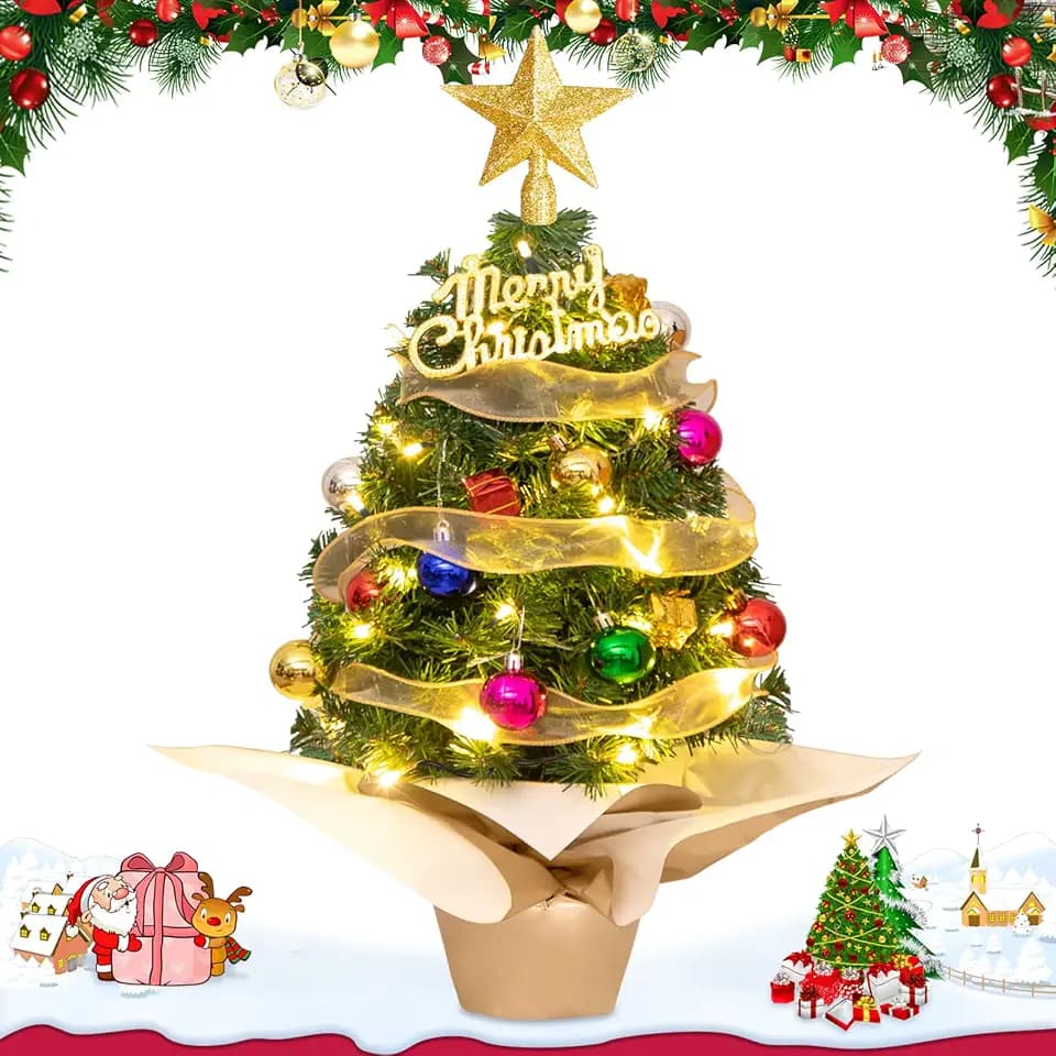 Mini Weihnachtsbaum mit 30 Warme Farbe LEDs, 60cm Mini Tischplatte Tannenbaum mit Stern-Baumspitze Weihnachtsdekoration für Weihnachten und Neujahr Haus Büro Dekoration
