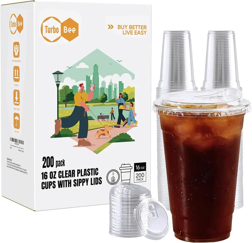 Turbo Bee 16oz Plastic Cups with Lids, 200 Pack, Iced Coffee Cups with Lids