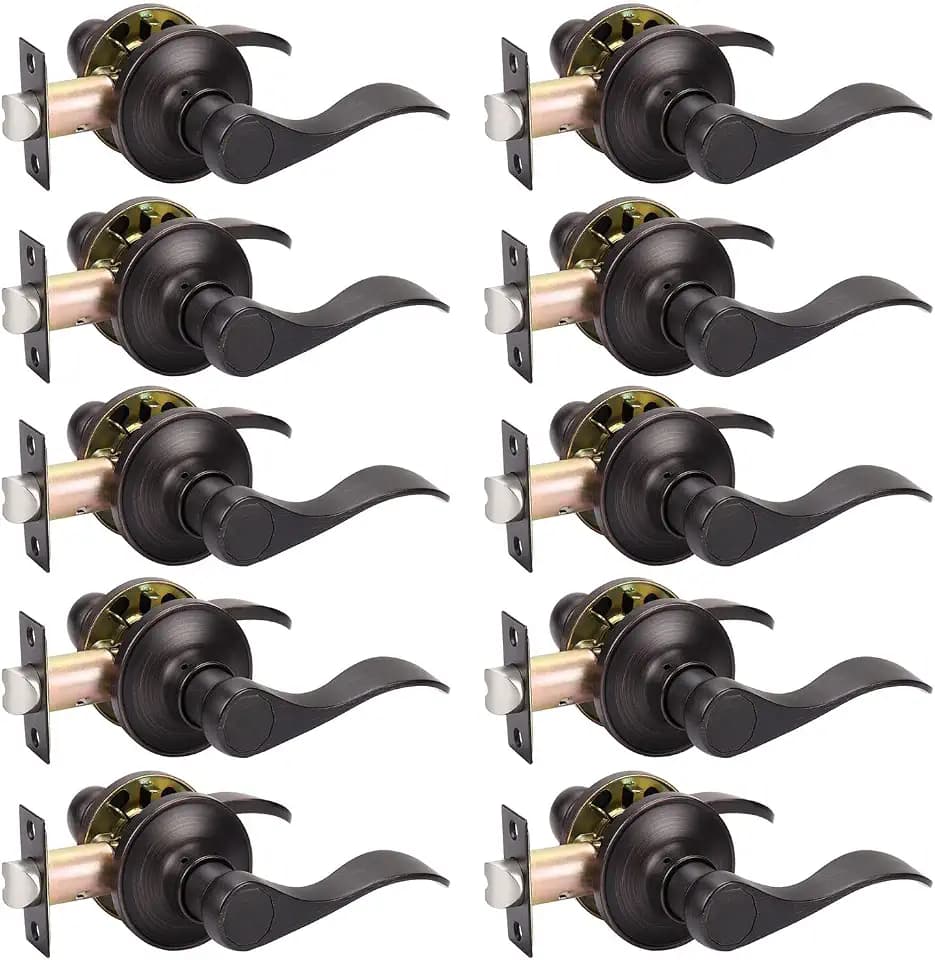 KNOBWELL 10 Pack Oil Rubbed Bronze Finish Keyless Interior Door Handle, Classic Passage Door Lever for Hallway Closet, Non-Locking Wave Style Doorknobs with Universal Handle