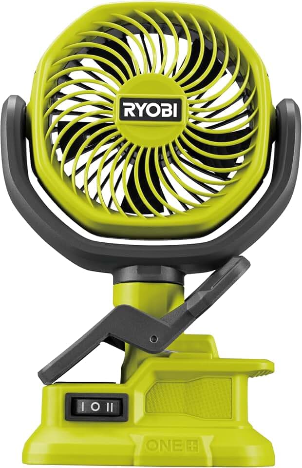 RYOBI 18 V Akku-Clip-Ventilator RCF18-0 (Kompakter und tragbarer Akku-Ventilator, gummierte Befestigungsklammer, 2-stufige Einstellung, Trommel-Ø (cm) 10, ohne Akku & Ladegerät im Karton), Grün
