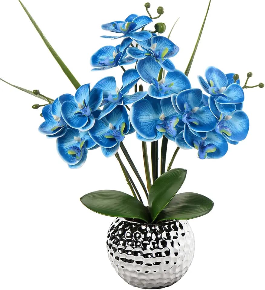 Briful Orchids Artificial Flowers, 20'' Blue Faux Orchid Flowers with Silver Vase Fake Phalaenopsis Silk Flowers for Home Coffee Table Bathroom Office Kitchen Decor